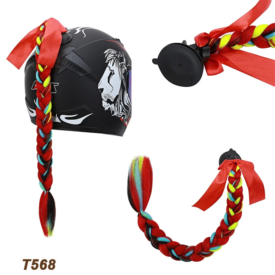 Synthetic Helmet Pigtails Gradient Ramp Braids Ponytail Hair Suction Cup Bowknot Motor