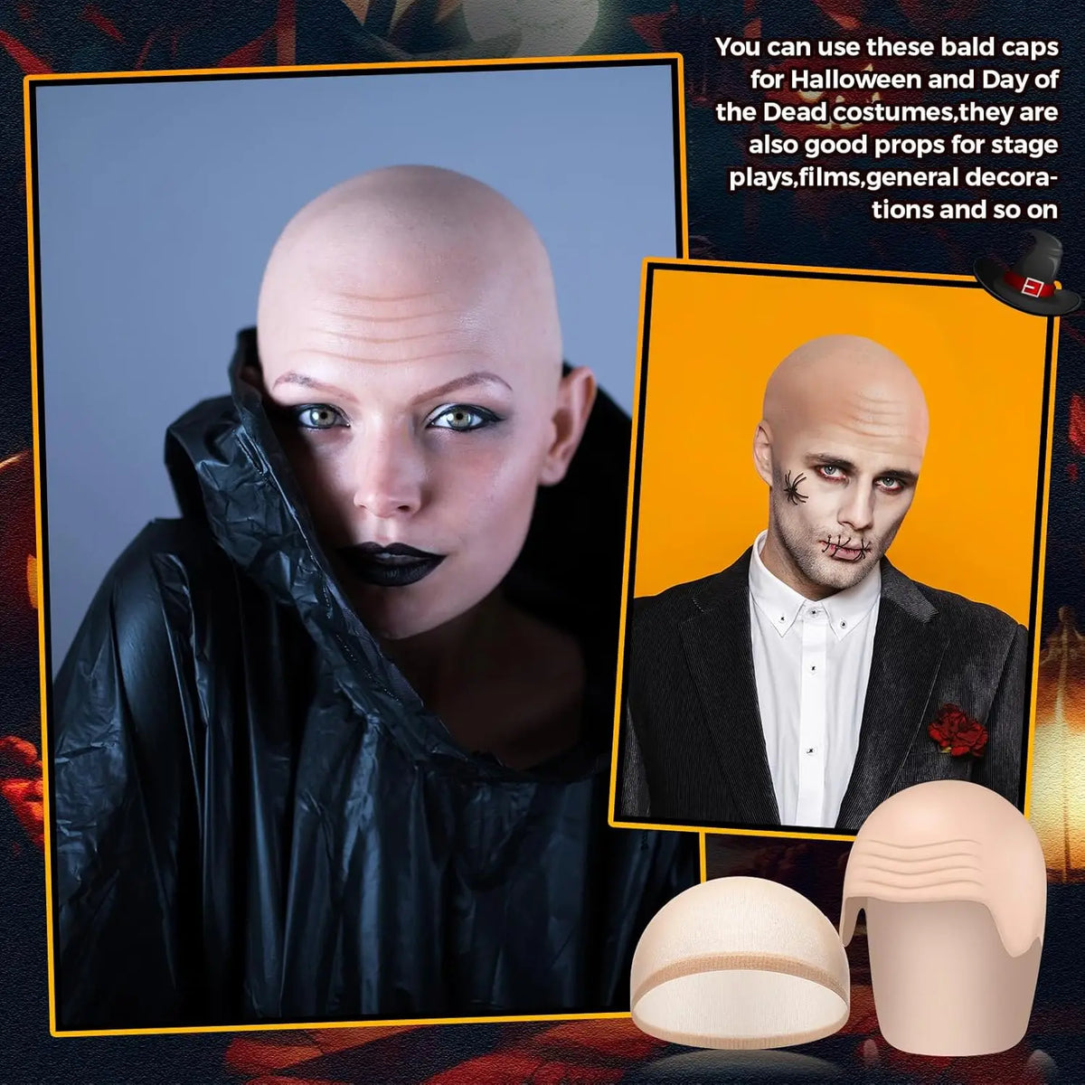 2 Packs Latex Bald Caps with Nylon Wig Caps, Halloween Bald Caps Makeup Professional Bald Cap for Halloween Party Costume