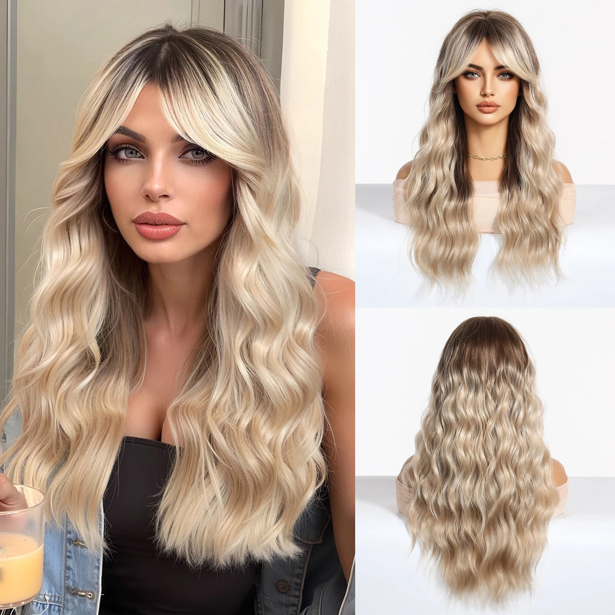 Super Long Black Wavy Synthetic Wigs Bangs Afro Dark Water Wave Halloween