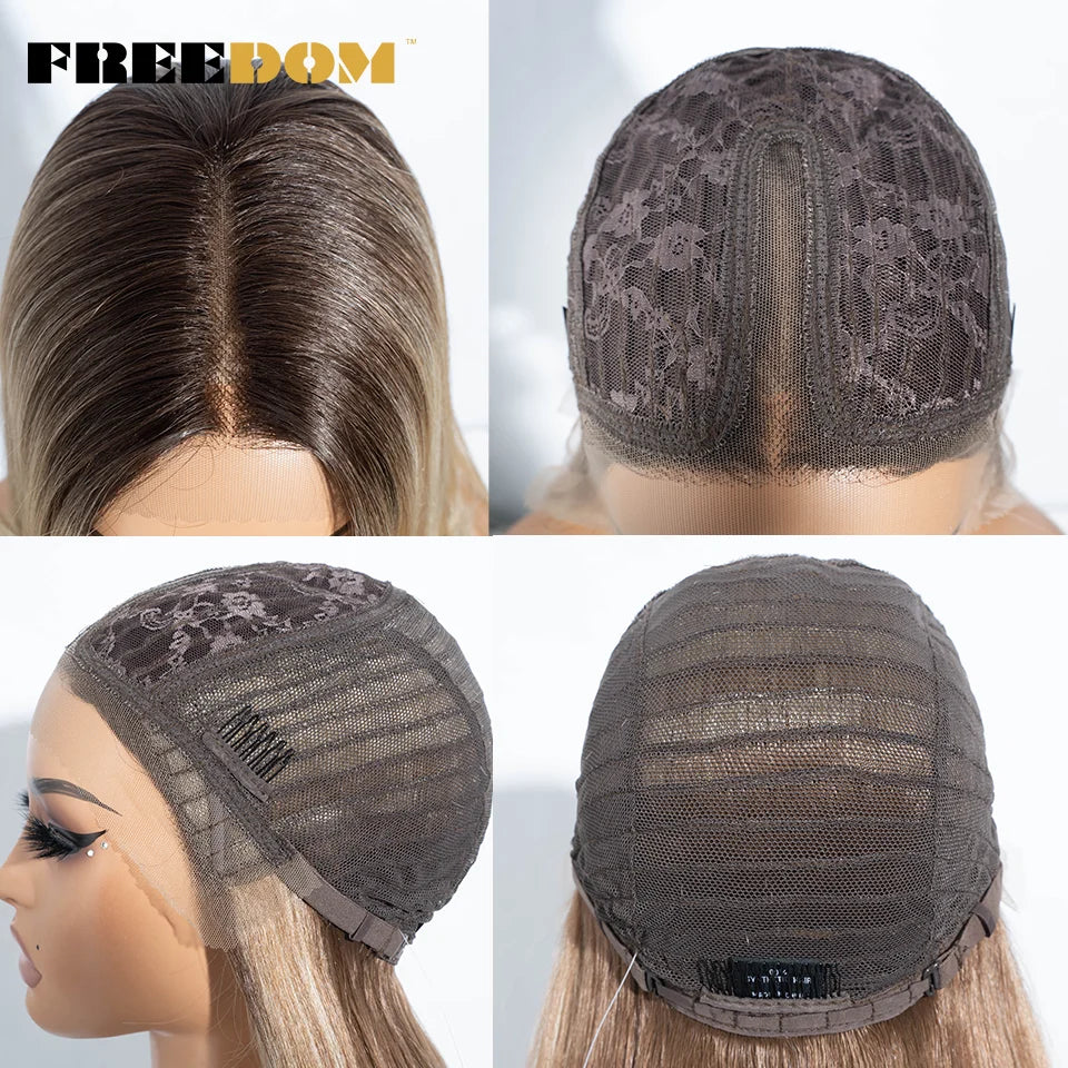 Straight Synthetic Lace Front Wigs Long Bangs Ombre Brown Blonde Highlight Cosplay