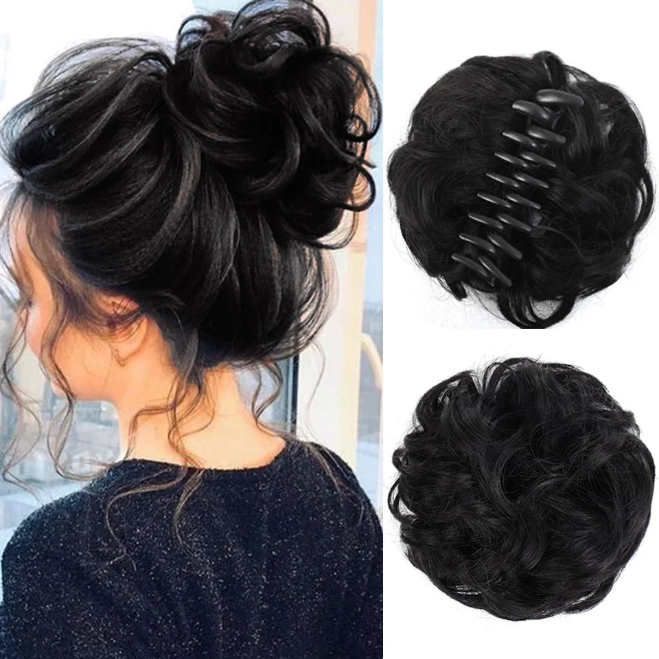 Synthetic Messy Bun Chignon Claw Clip Hair Piece - Wavy Curly Ponytail Scrunchie