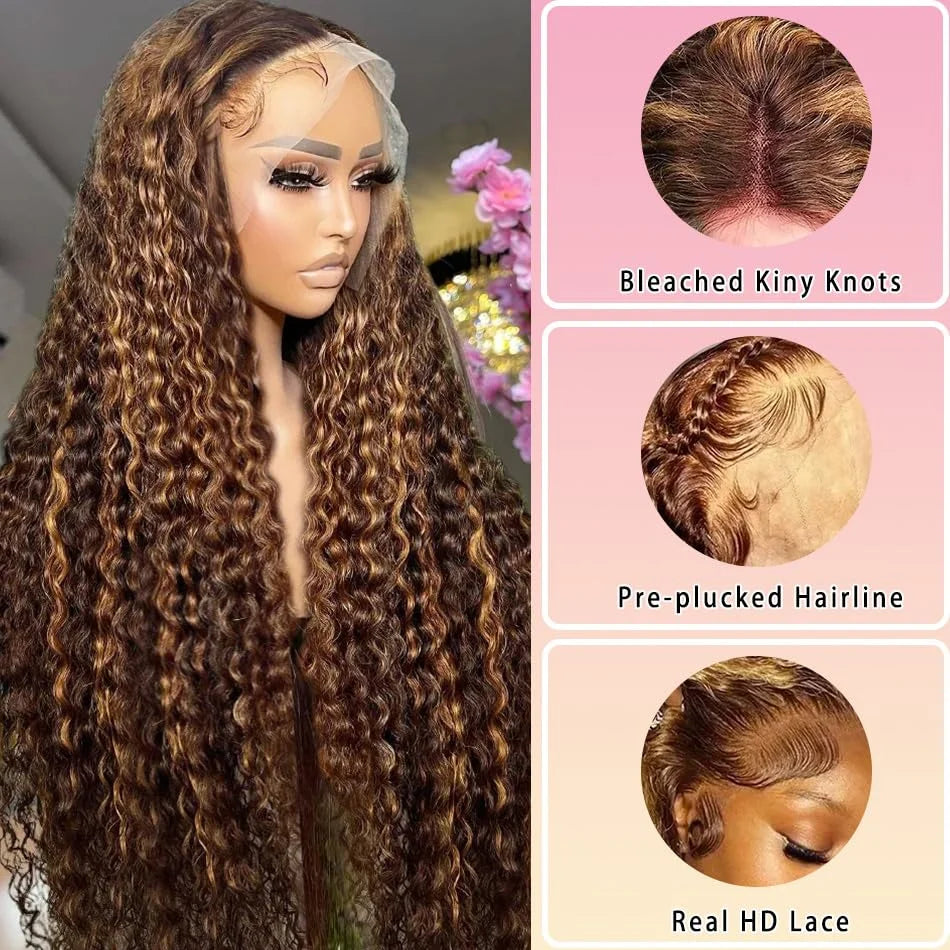 Honey Blonde Curly Wigs, 13x6 Glueless Highlight Human Hair Ready To Wear