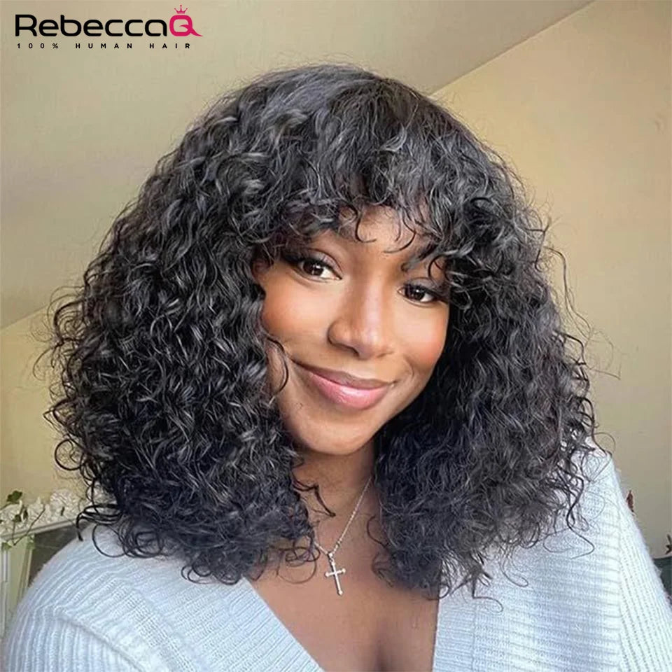 Jerry Curly Human Hair Wigs Bangs Full Machine Made Highlight Honey Blonde
