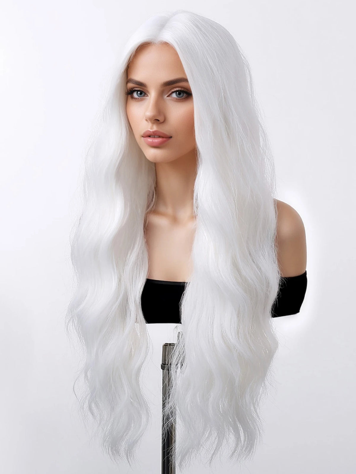 Long Curly Silver White Synthetic Wavy Wig Medium Part Water Wave Daily