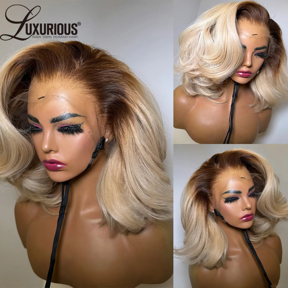 Ombre Honey Blonde Short Bob Human Hair Lace Wig, 13x6 and 13x4