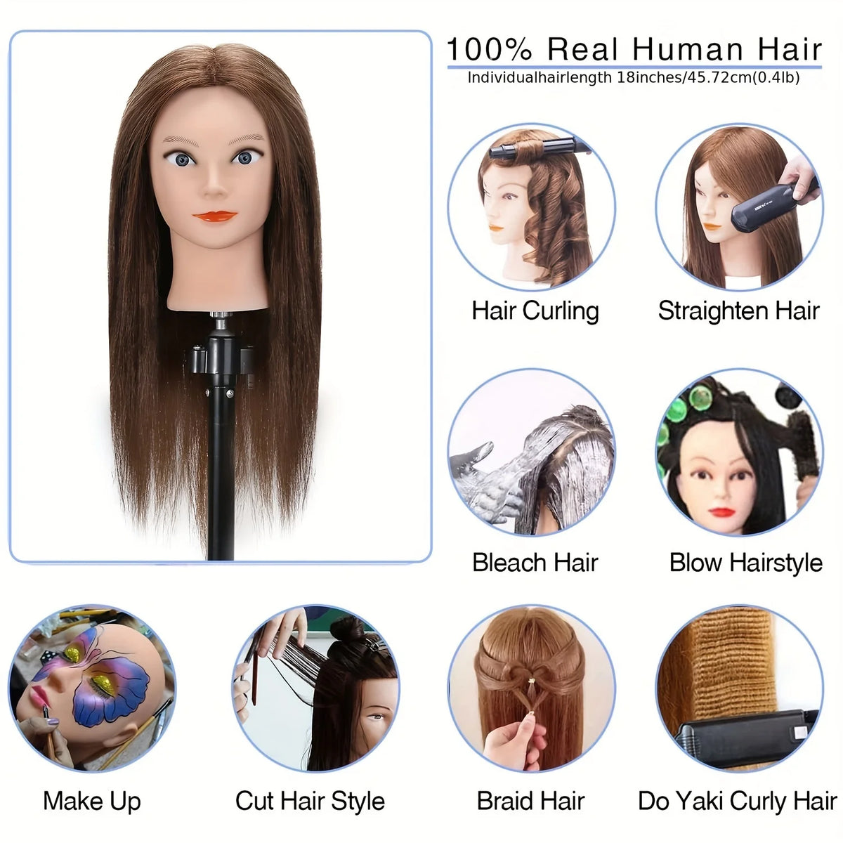 100% Real Hair Mannequin Head for Hairdresser Training and Practice-Perfect for Professional Use