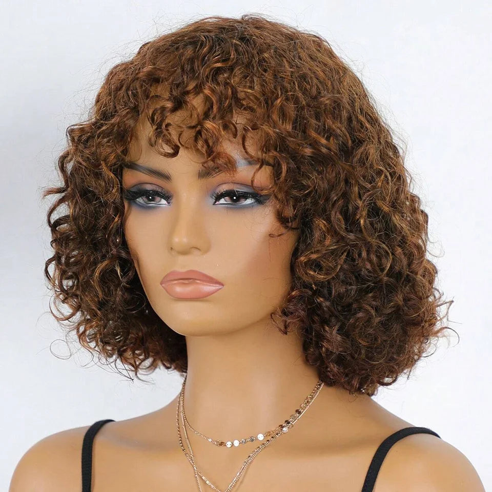 Jerry Curly Human Hair Wigs Bangs Full Machine Made Highlight Honey Blonde