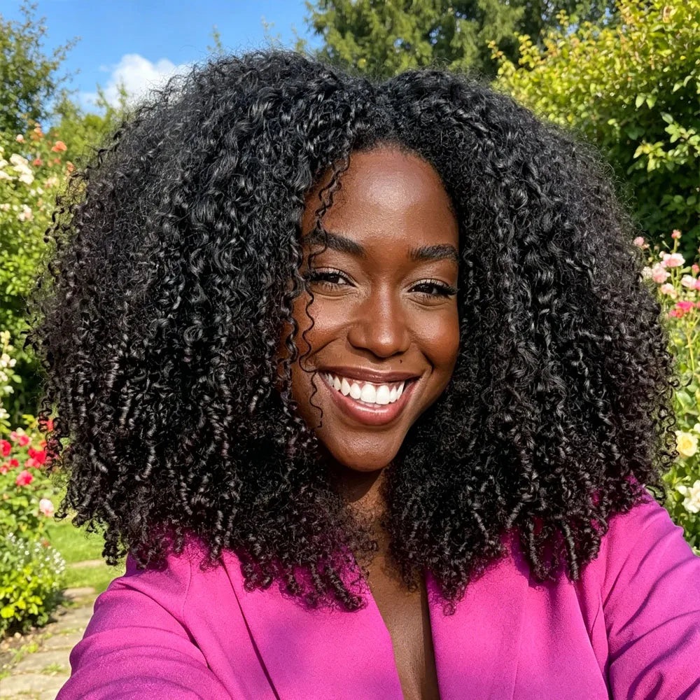 Density Afro Kink Curly Half Wig Human Hair Breathable Machine Made 3In1