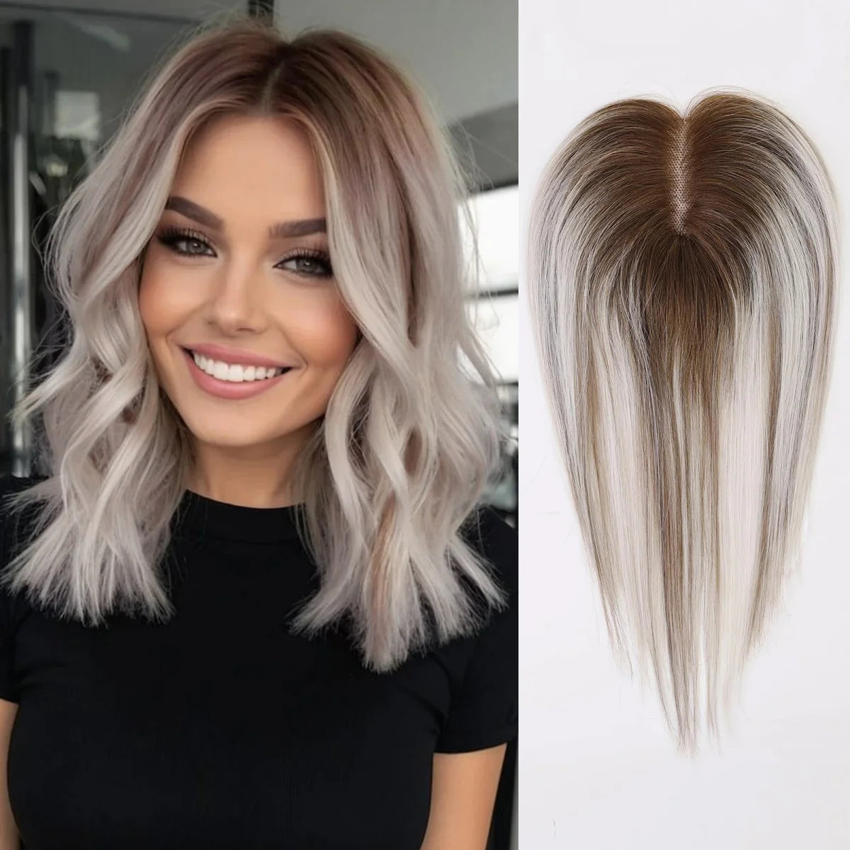 Light Brown Ombre Middle Part Lace Front Topper, 100% Remy Human Hair