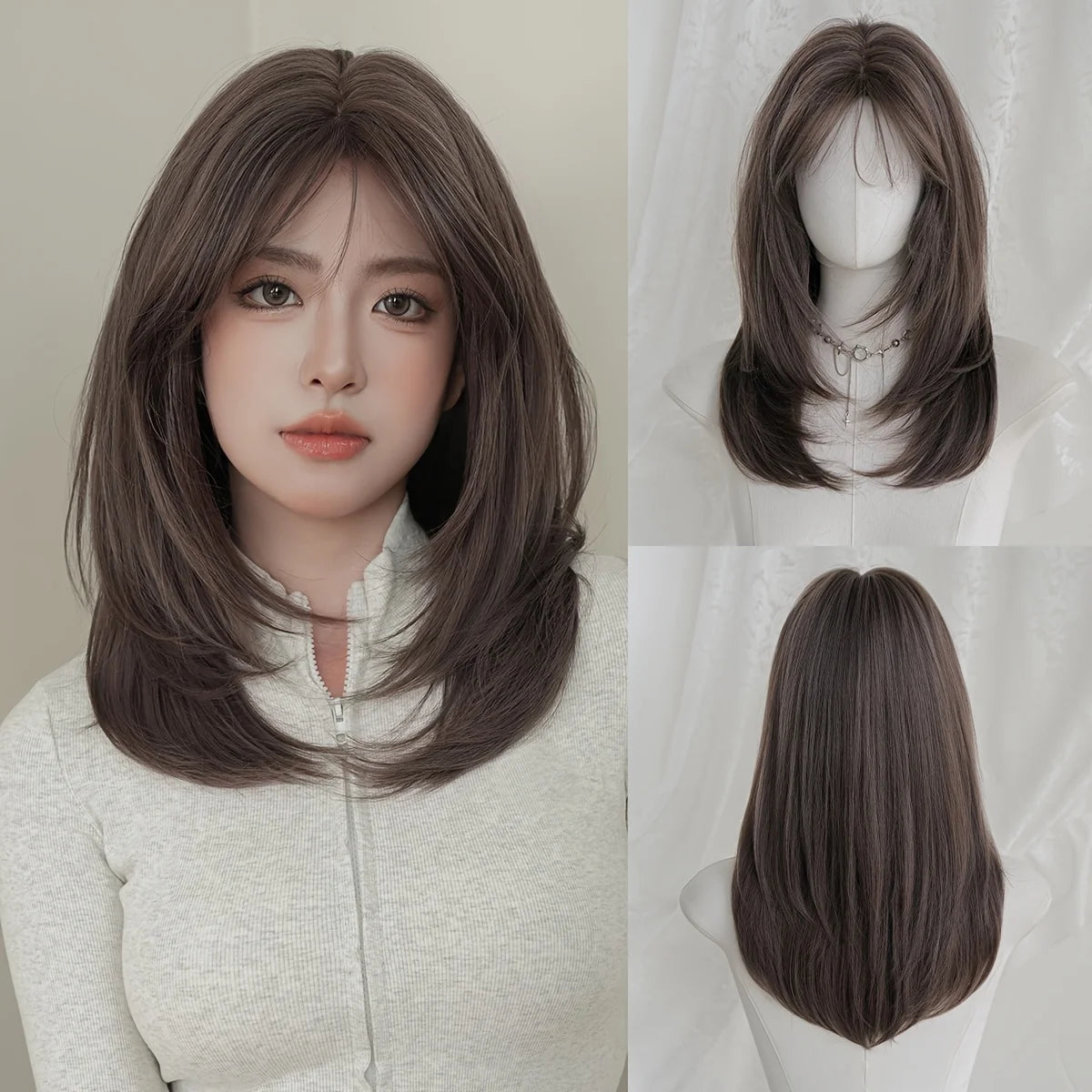 Elegant Wigs Long Straight Gray Purple Curtain Bangs Heat Resistant Synthetic Layered