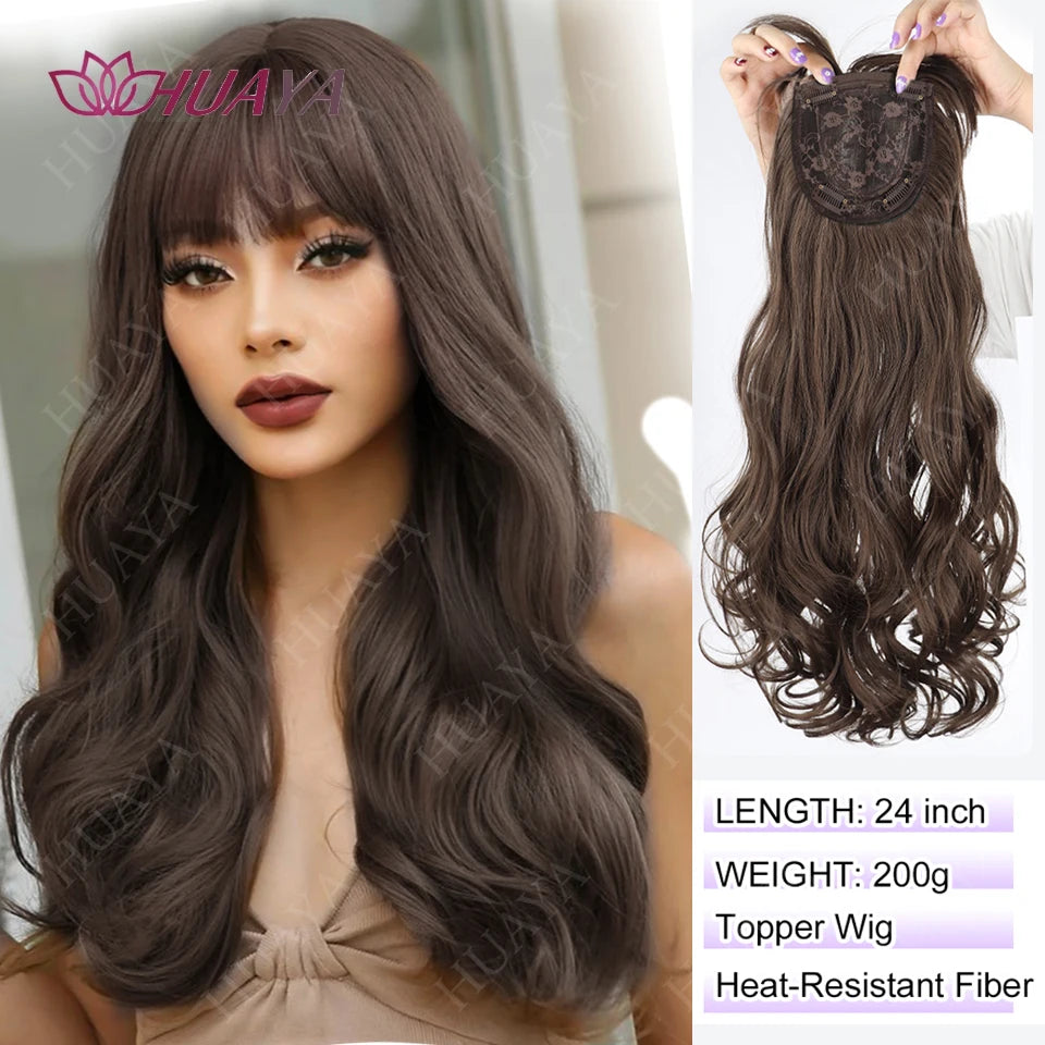 Synthetic Clips in Topper Long Wavy Hairpiece Black Brown Fake Hair Extensions