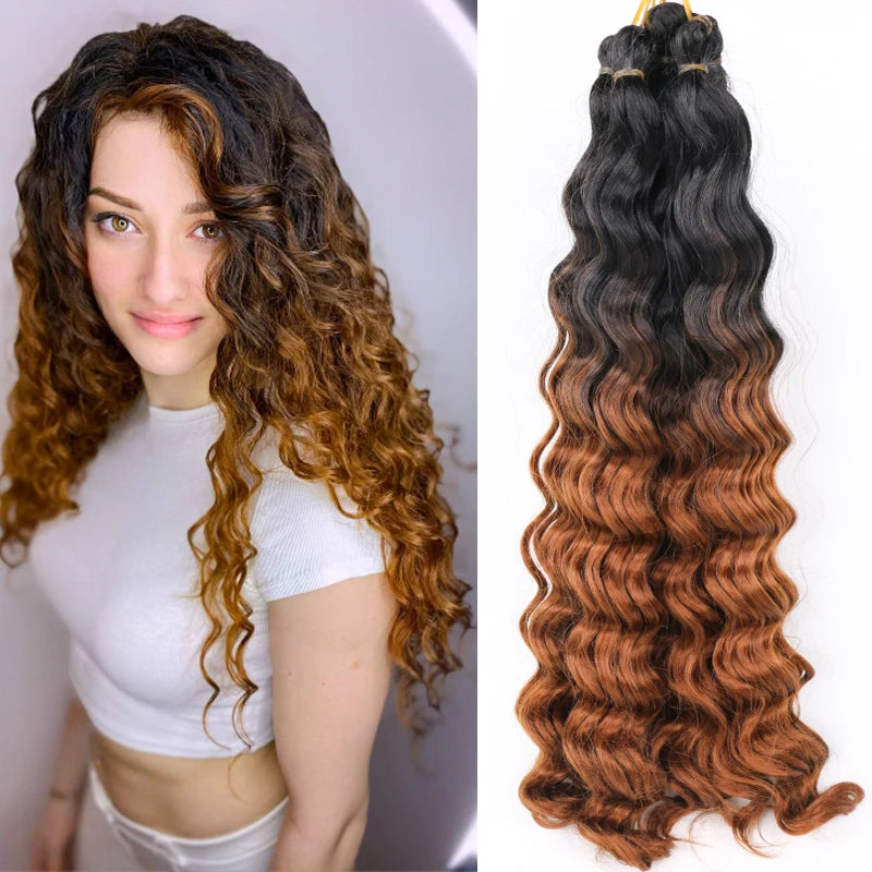 20“Deep Curly Synthetic Hair Deep Wave Bulk Crochet Braid Black Ombre Blue