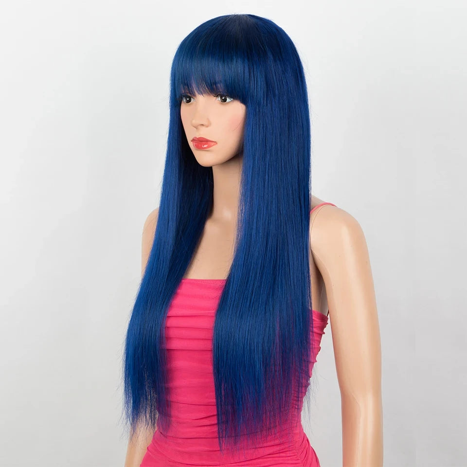Brazilian Straight Human Hair Wigs Bangs Burgendy Put On Go, 100% Remy