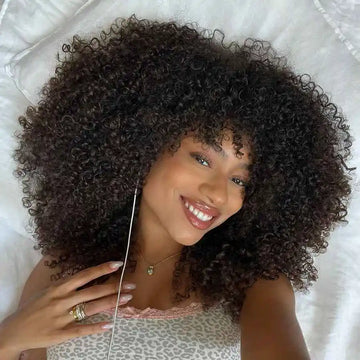 Afro Curly Human Hair Wigs Bangs, 250% Density Glueless Short Bob Fringe