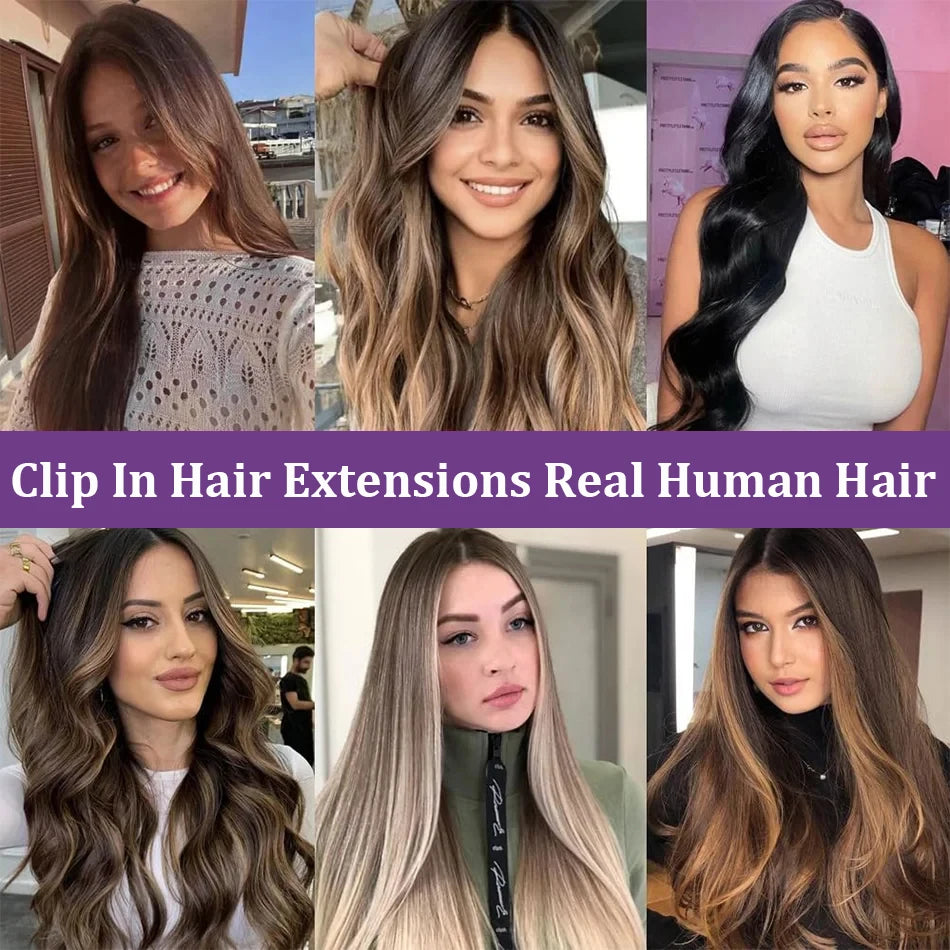 Clip in Hair Extensions, 100% Real Human P8/613 Color Brown Highlight Blonde