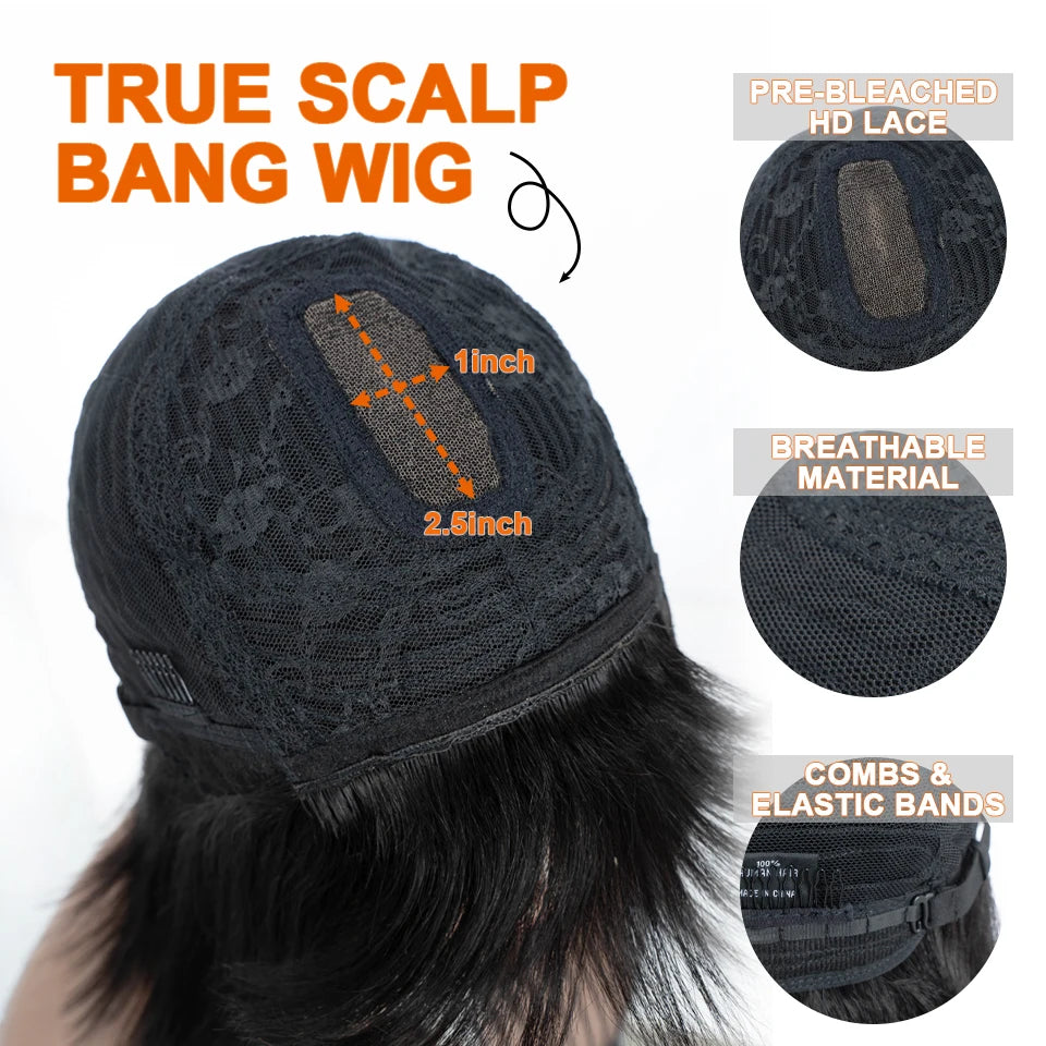 Straight Human Hair Bob Lace Wig with Bangs - Fringe Middle Part, Realistic Scalp, Brazilian
