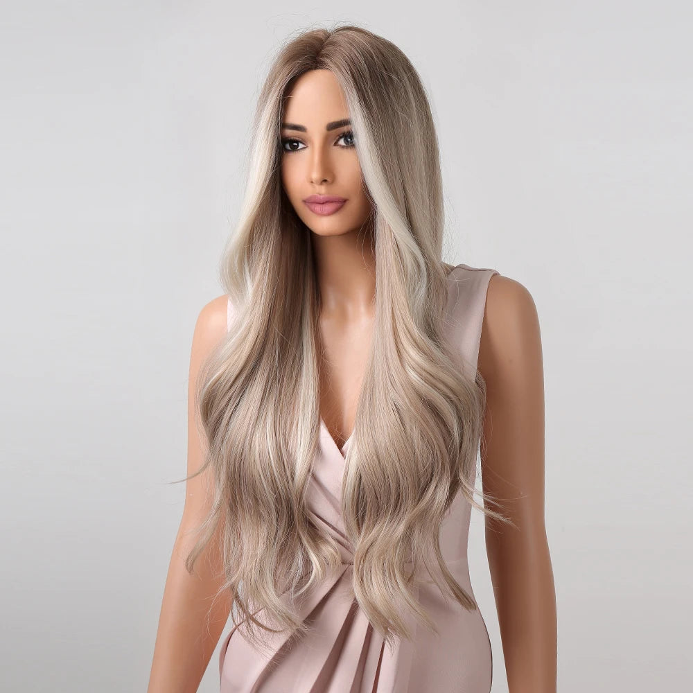 Platinum Blonde White Highlight Dark Roots Synthetic Hair Wigs Long Wavy Cosplay