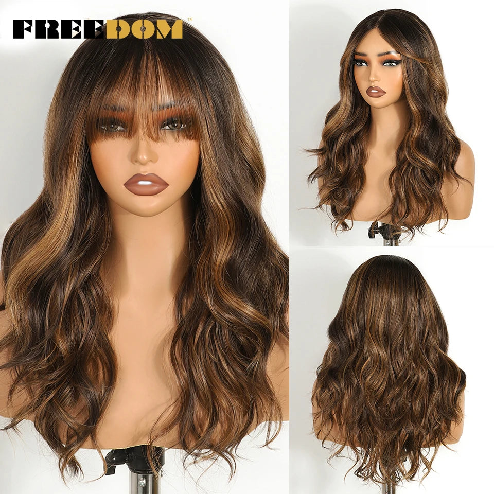 Synthetic Lace Front Wigs 20" Ombre Brown Body Wave, 6x4 Bangs Heat