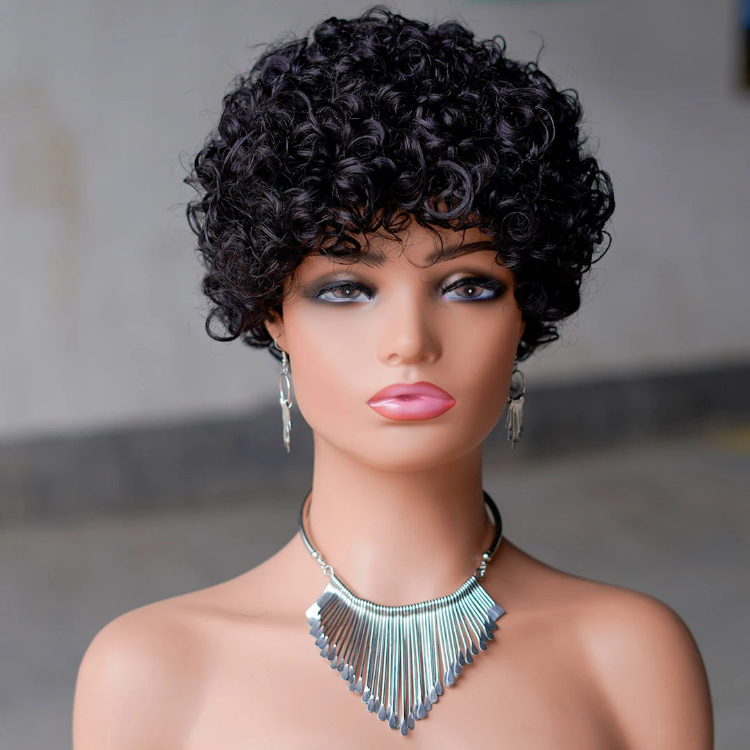 99J Red Rose Curly Short Bob Pixie Cut Human Hair Wig Ombre