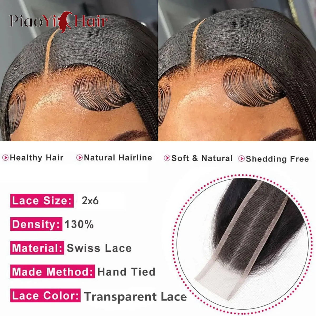 2x6 Lace Closure Brazilian Human Hair 14-24 inch Straight Remy Human Hair Transparent Lace Middle Part Lace Swiss Lace