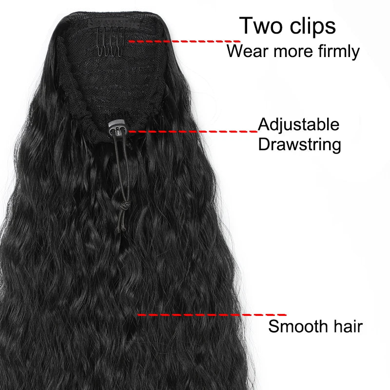 22Inch Synthetic Long Kinky Curly Ponytail Hair Extension Drawstring Wrapped Clip in Hair Black Hairpiece