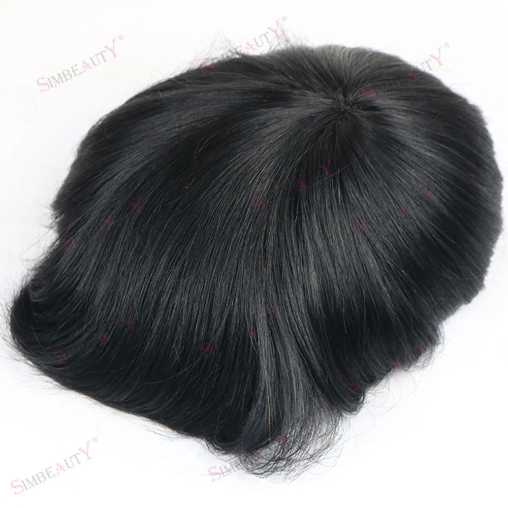 Durable Wig Human Hair Toupee Mono Lace Top Skin PU Base Hairpieces