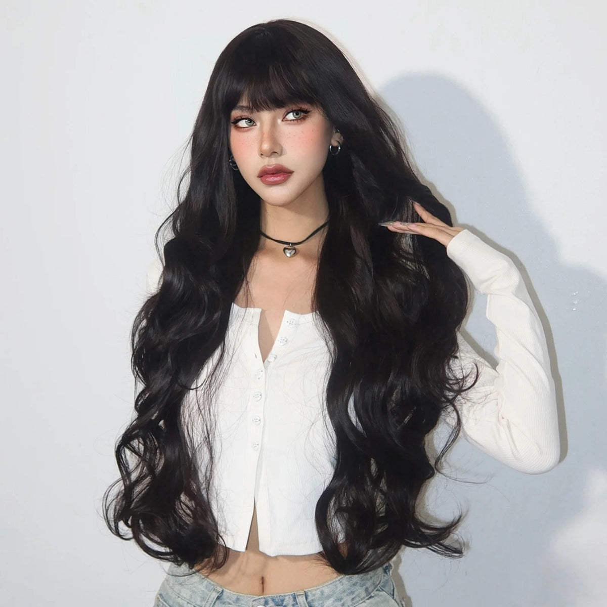 Super Long Black Wavy Synthetic Wigs Bangs Afro Dark Water Wave Halloween