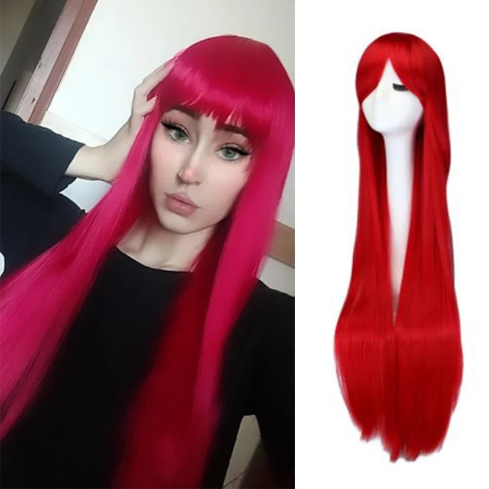Long Straight Cosplay Wig Black Purple Red Pink Blue Dark Brown Cm