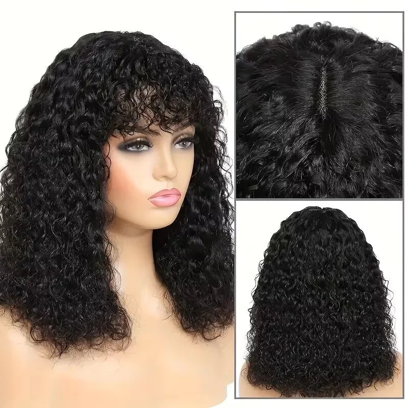 210% Density Curly Human Hair Wigs Bangs Glueless Short Bob Machine Made