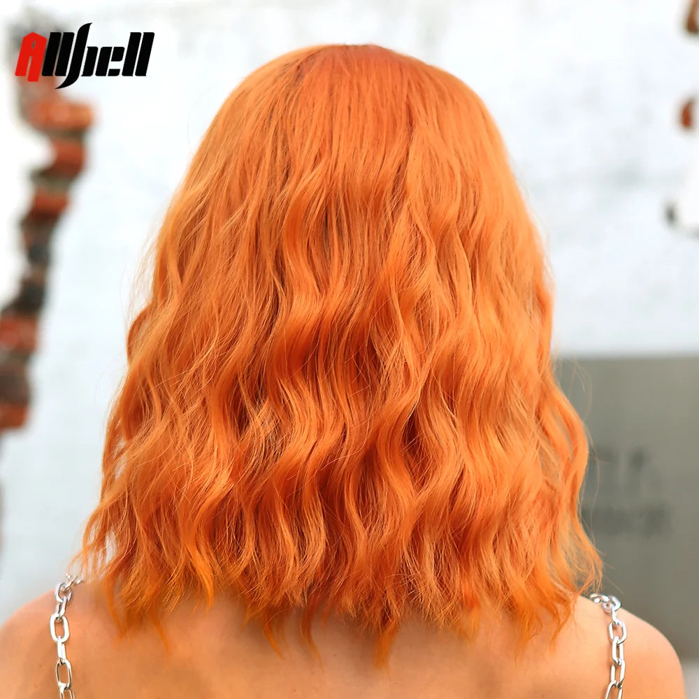 Short Copper Ginger Synthetic Natural Wavy Wigs Hair Orange Halloween Bob Bangs