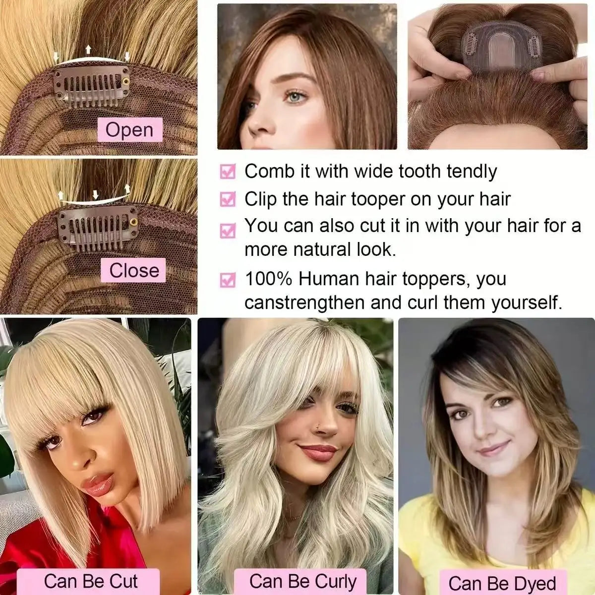 100% Human Hair Topper Machine Made Clip-in Hairpiece Wig Volume Colors Fast