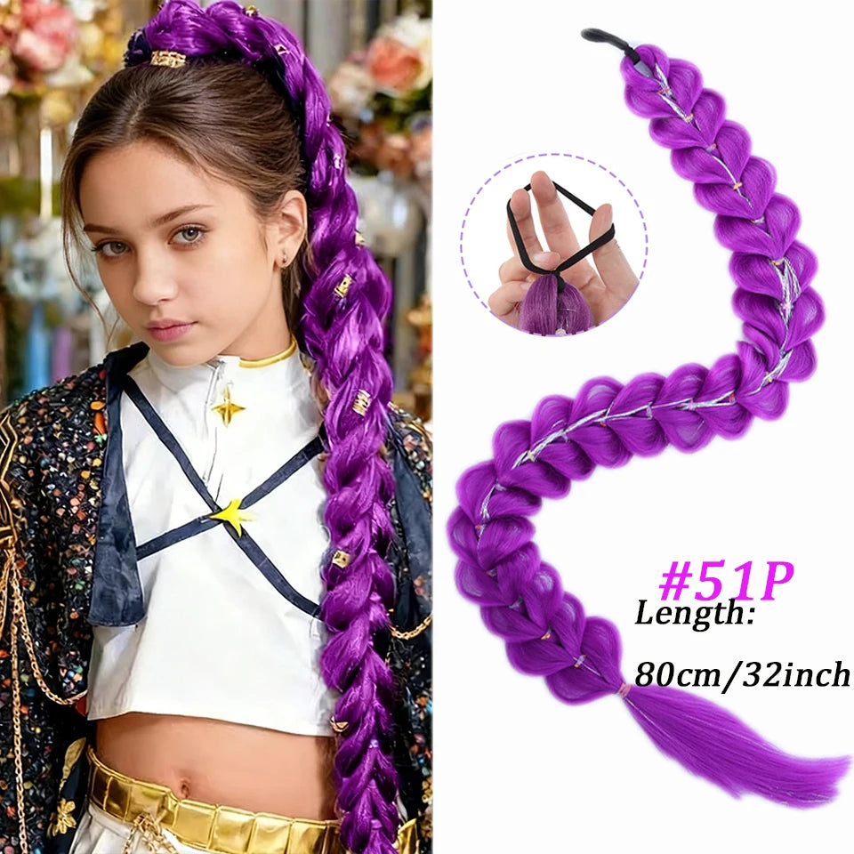 Purple Braided Synthetic Ponytail Extension, 28 Inch, Claw Clip