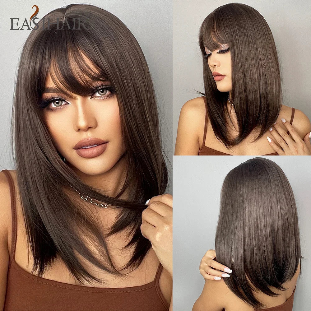 Short Straight Synthetic Wigs Bangs Dark Brown Black Bob Daily Cosplay Party
