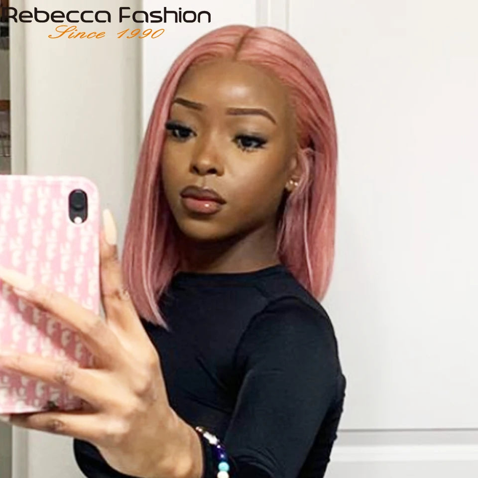 Short Cut Colored Pink Bob T Part Lace Wigs Human Hair 180D