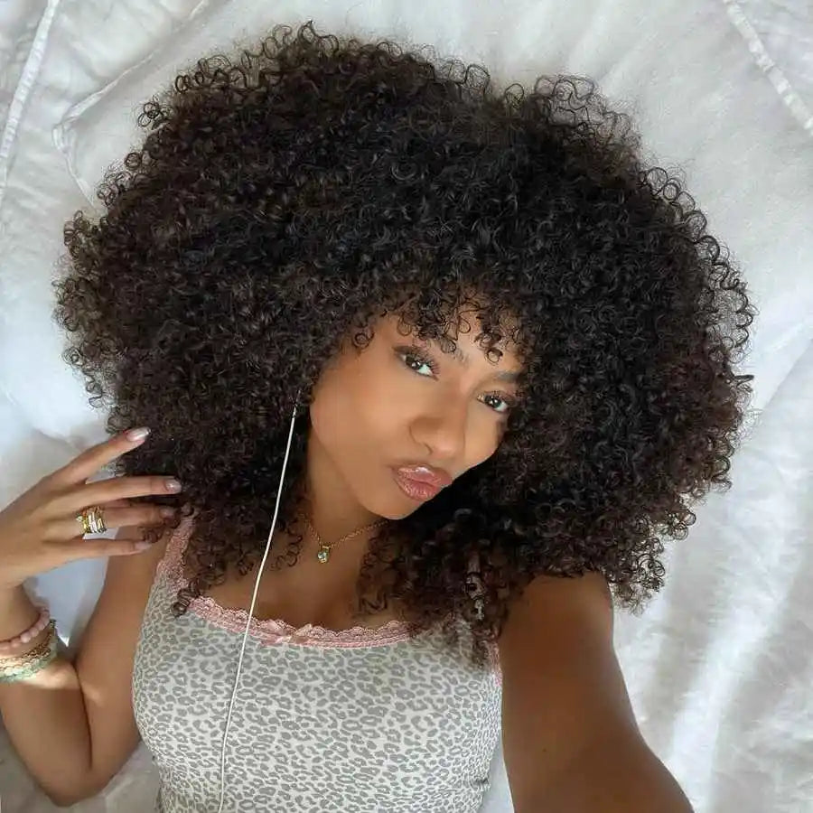 Afro Curly Human Hair Wigs Bangs, 250% Density Glueless Short Bob Fringe
