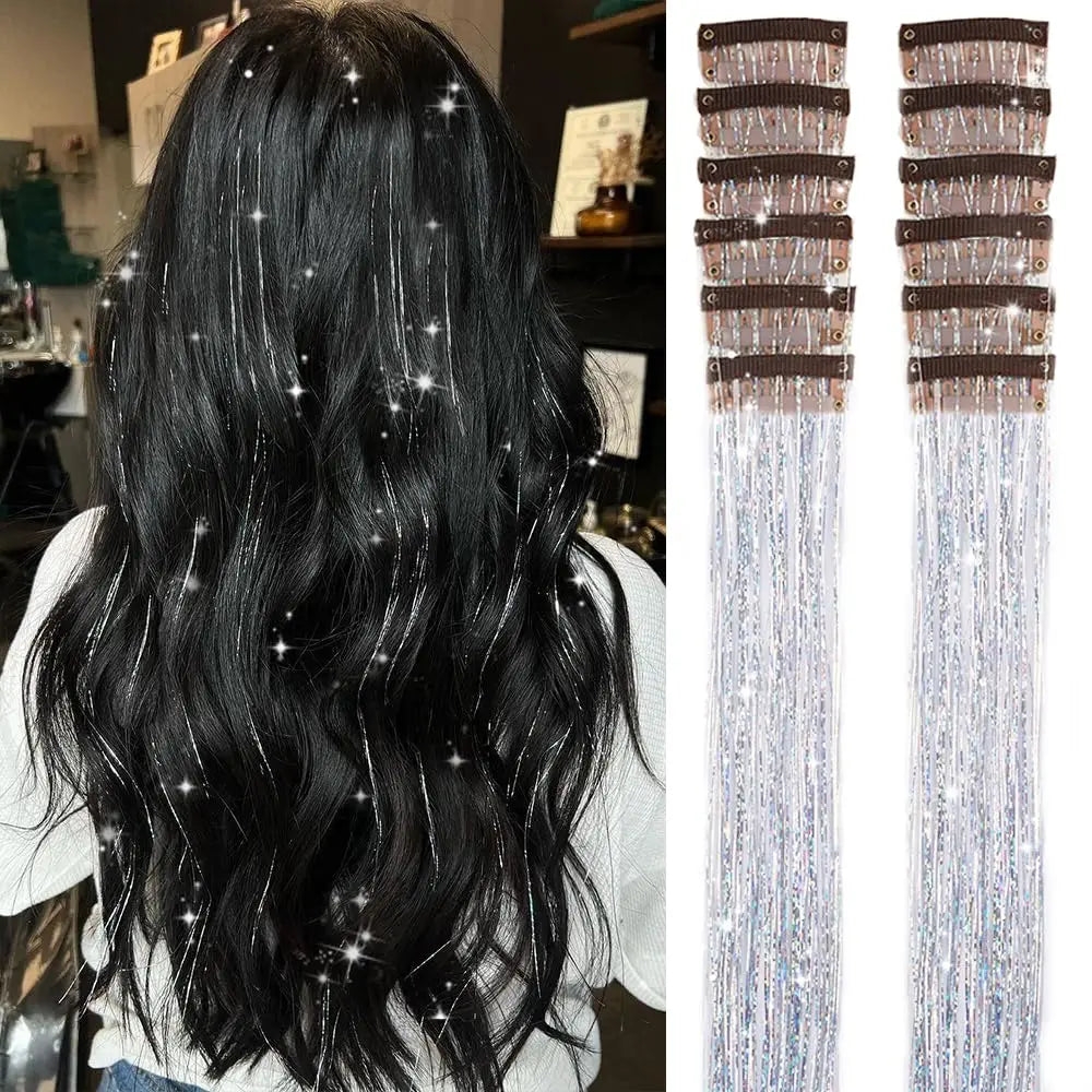 Clip-In Hair Tinsel Pack, Colorful Glitter Fairy Hair Extensions, 12 Pcs