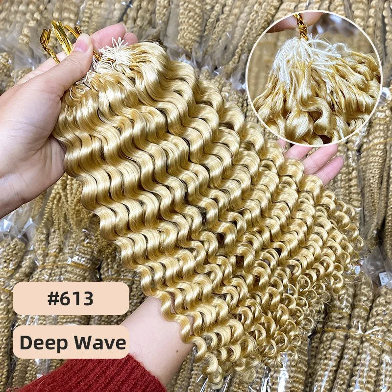 613 Deep Wave Crochet Human Hair Bulk Knotless Pre-Separated Kinky Curly With String Pre-Looped Reusable Hair Extensions 14-24