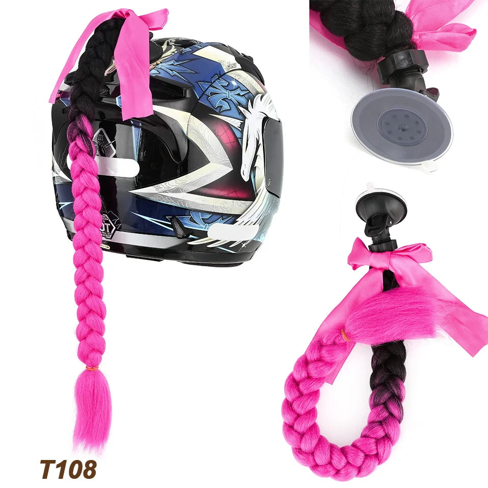 Synthetic Helmet Pigtails Gradient Ramp Braids Ponytail Hair Suction Cup Bowknot Motor