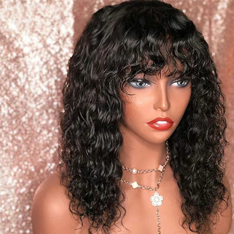 Water Curly 100% Virgin Human Hair Wig Bangs Density Peruvian Full Machine
