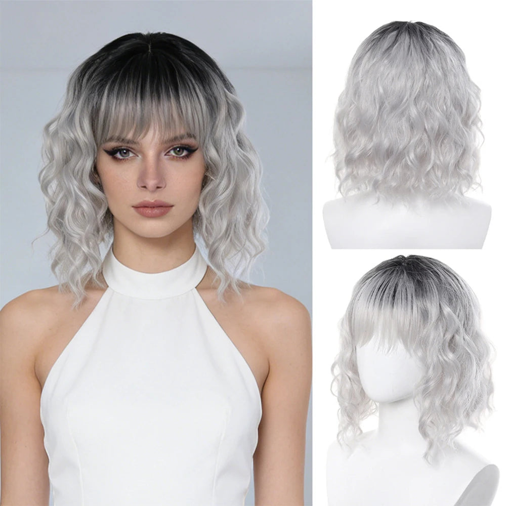 Natural Black Short Curly Wig - Shoulder Length Wavy Bob with Bangs | Synthetic Heat-Resistant Hair