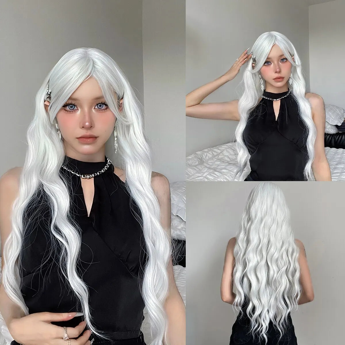 Long Water Wave Wig Bangs White Colorful Cosplay Silky Daily Party Natural