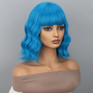 Blue Bob Wigs Bangs Short Colorful Wavy Curly Synthetic Cosplay Halloween Costume