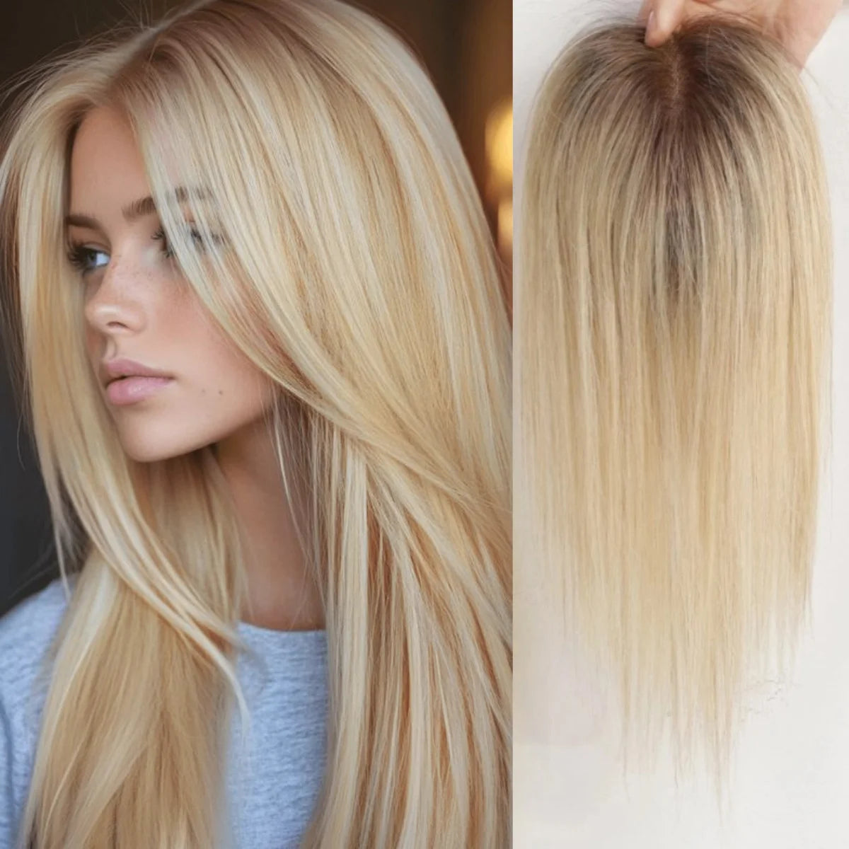 Light Brown Ombre Middle Part Lace Front Topper, 100% Remy Human Hair