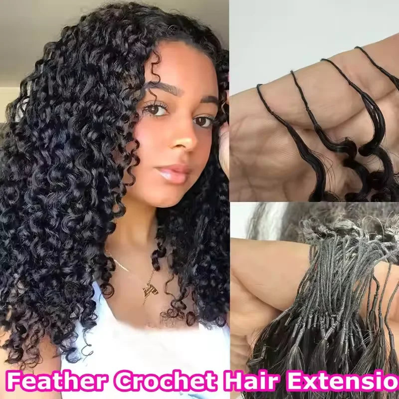 300g Burmese Kinky Curly Crochet Human Hair Knots Feather Extensions Invisible Knotless
