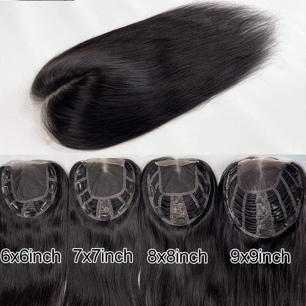 4x4 HD Lace Base Wispy Bangs Topper Natural Black Hair Hairpieces Clips