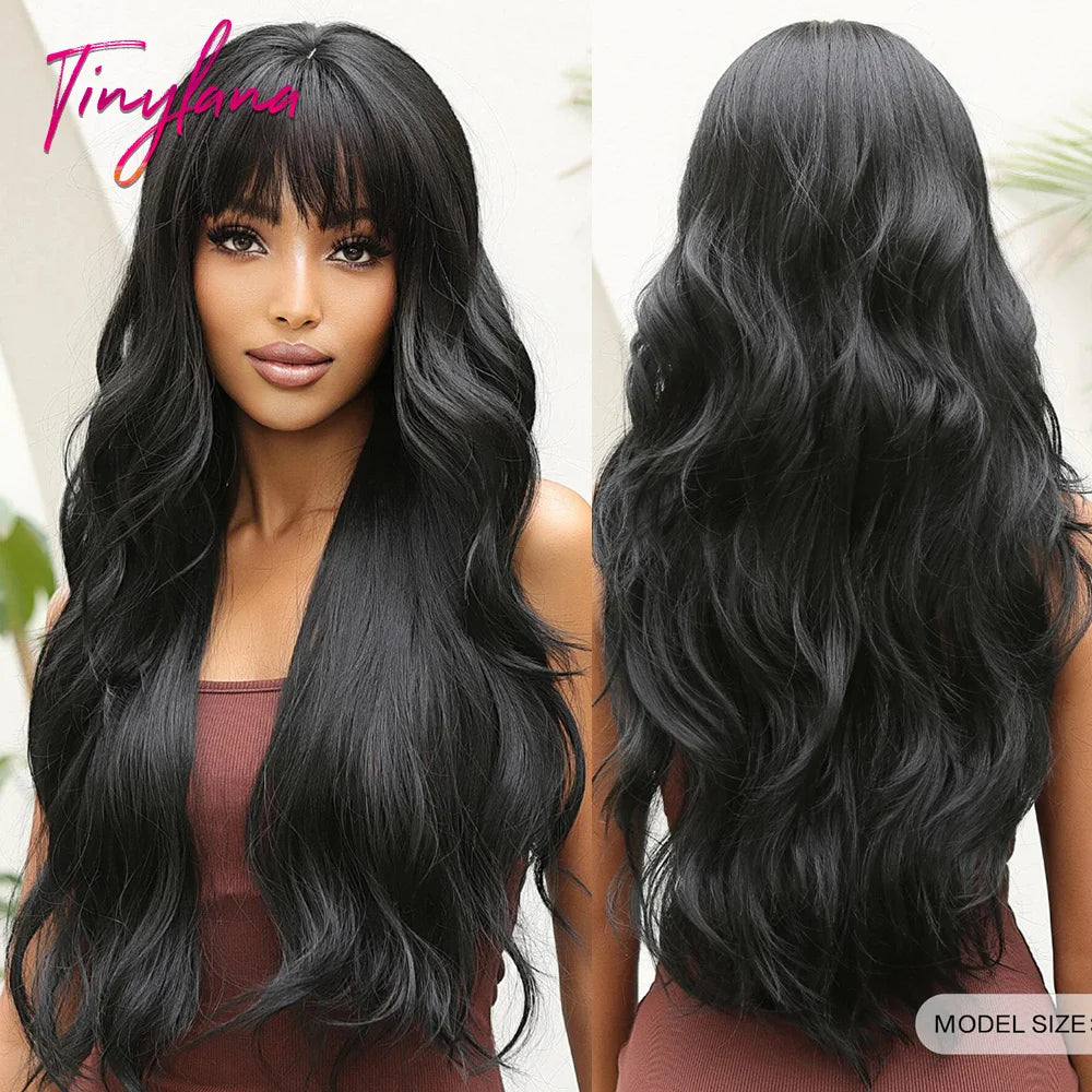 Super Long Black Wavy Synthetic Wigs Bangs Afro Dark Water Wave Halloween