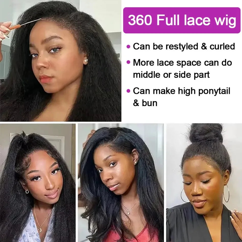 Kinky Straight HD Lace Frontal Wigs Brazilian Human Hair Density Black Full