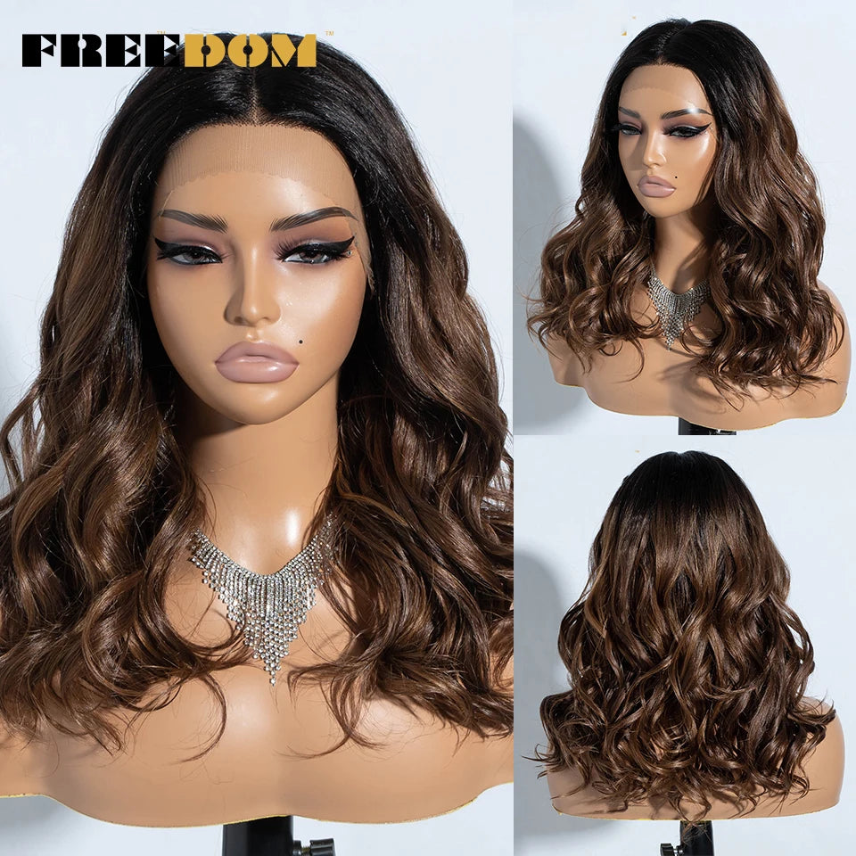 Highlight Synthetic Lace Front Wigs Natural Curly Wavy Ombre Brown Blonde Cosplay