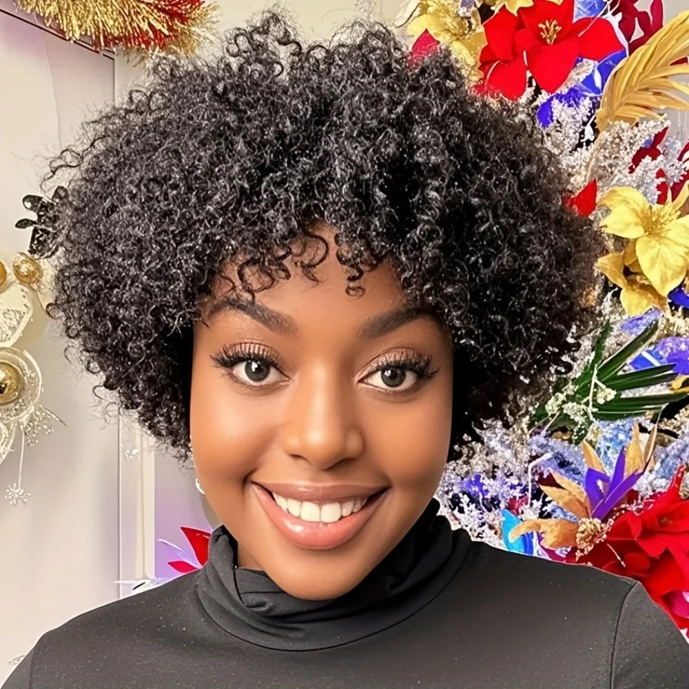 Human Hair Wig Natural Afro Kinky Curly Pixie Cut with Bangs Full Jerry Curly Hairpiece Full Machine-Made Wig