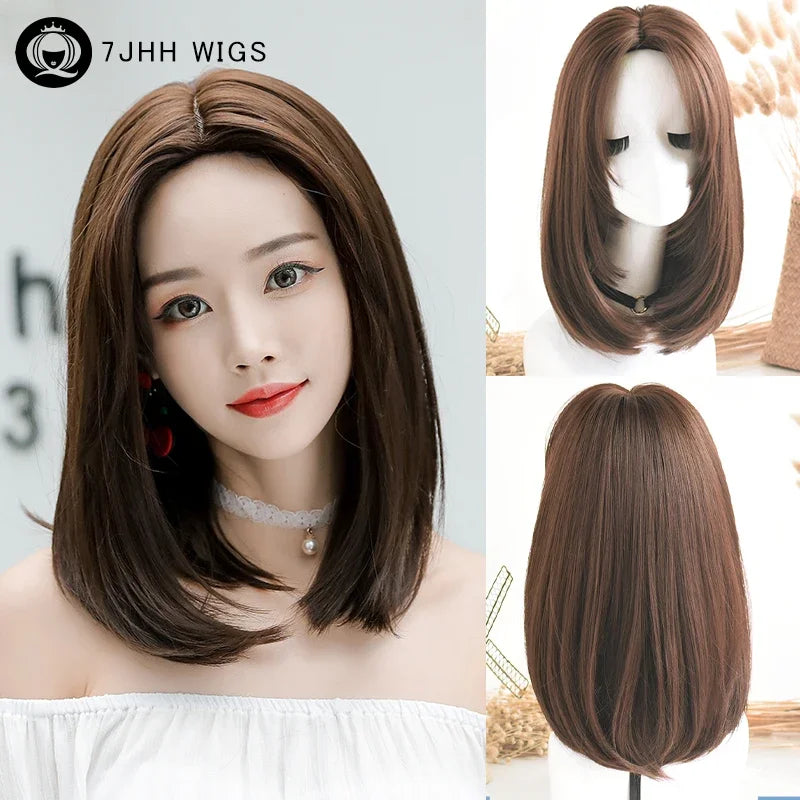 Wigs Short Straight Chocolate Bob Density Synthetic Layered Middle Part Dark Brown